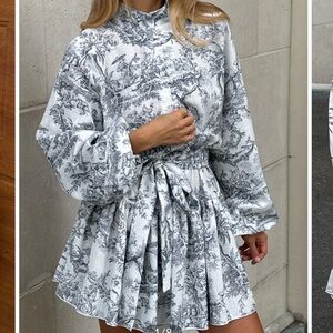 Ink Painting Print Tie Up A-Line Short Dress